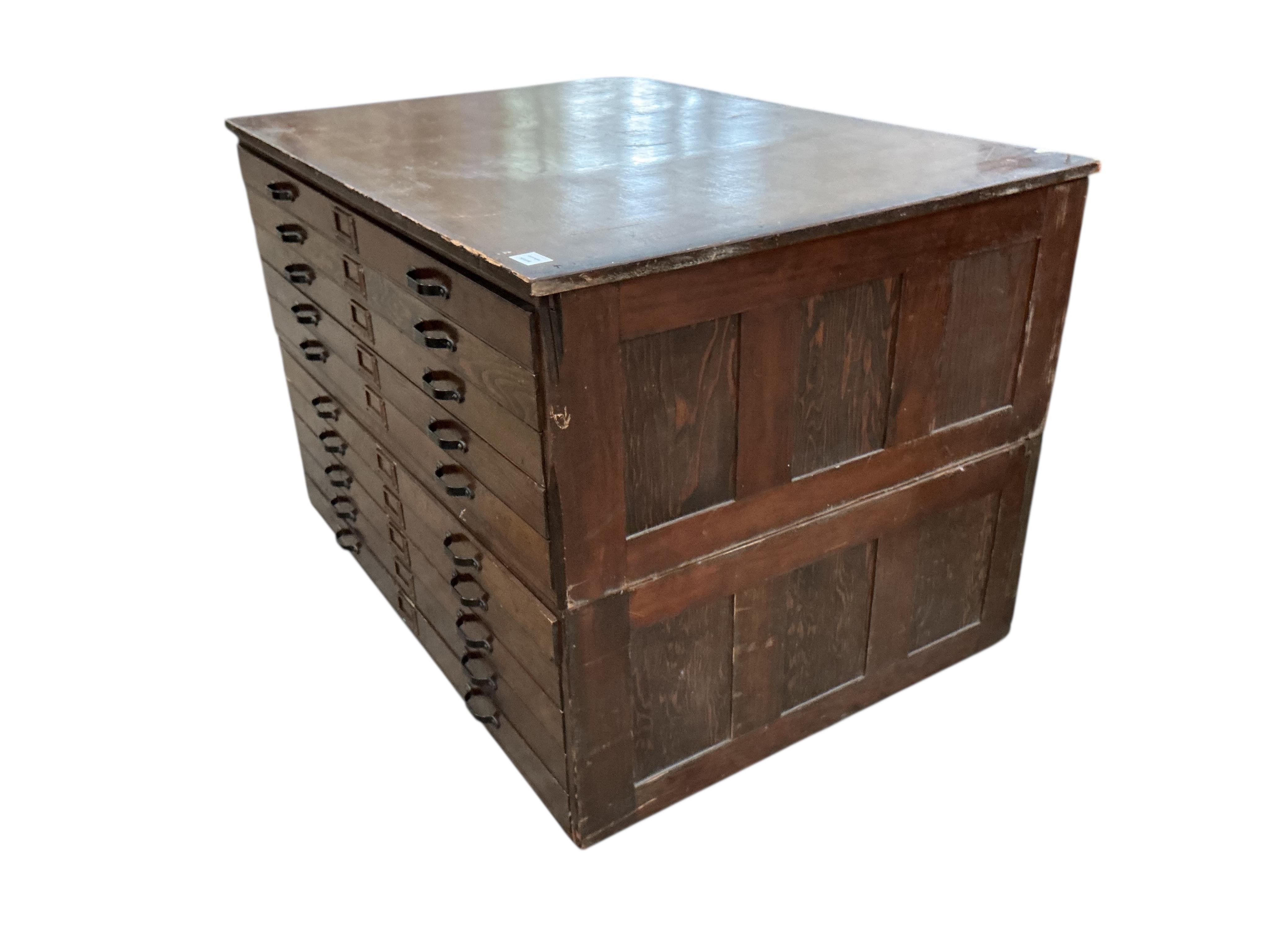 A mid century beech and pine two section ten drawer plan chest, width 123cm, depth 90cm, height 82cm